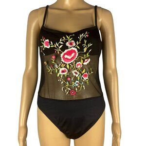 Victoria Secret vintage Bodysuit Black Micro Mesh Embroidery Swimwear  Open Back